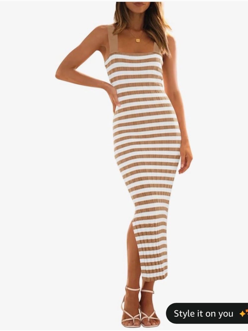 Sleeveless Striped Knit Midi Dress in White and Tan